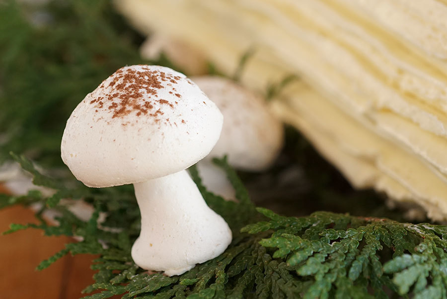 Petits champignons en meringue pour décor de bûche - Recettes de